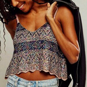Free People‎ Twilight Rose Combo Knit Sequined Crop Top Size M NEW WITH TAG